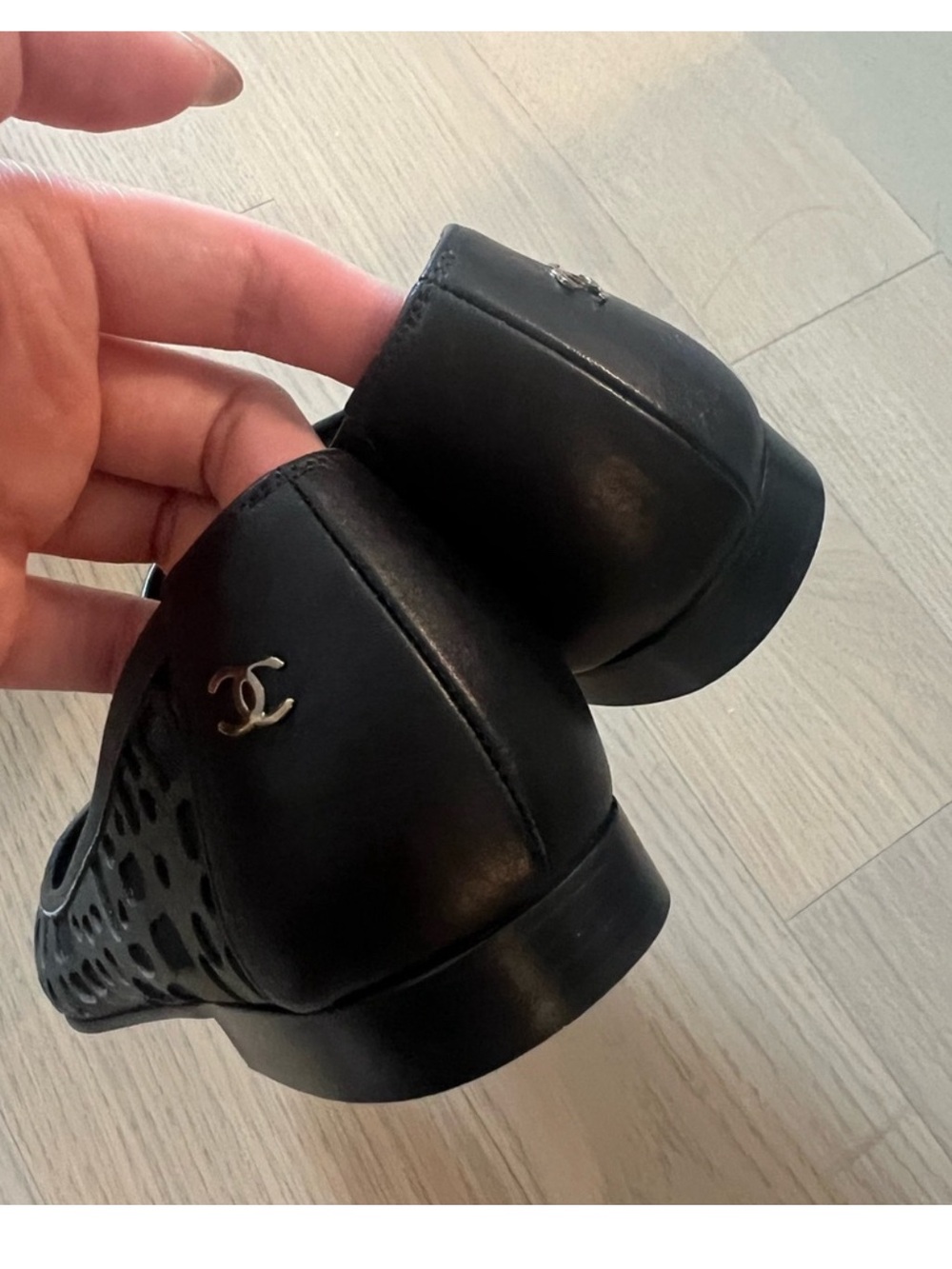 CHANEL Black Perforated Cap-Toe Leather Ballet Flats - Picture 4 of 10